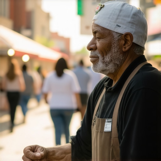 Business owner participating in local community event, smiling and interacting with residents