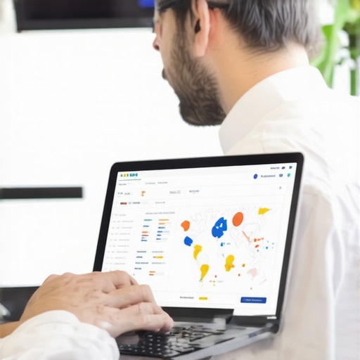 Business owner reviewing Google My Business insights on a laptop, with local search maps in the background.