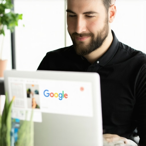 Business owner optimizing Google My Business profile with local SEO tools in office.