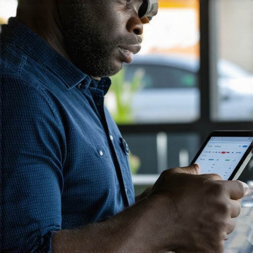 Business owner reviewing local SEO and GMB call data on tablet.