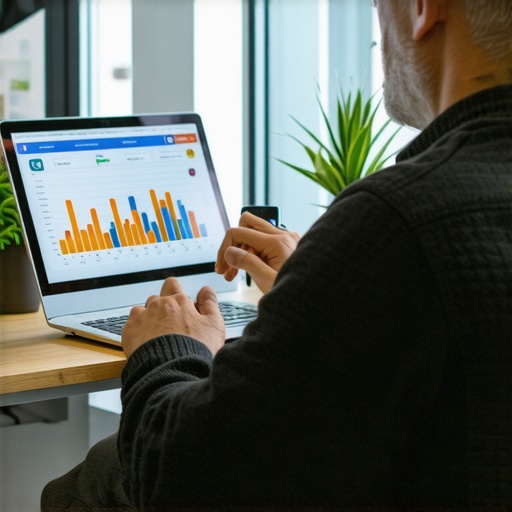 Business owner reviewing call analytics on a laptop, with data charts and phone icons.