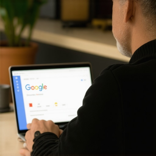 Business owner optimizing GMB profile on laptop with local SEO elements