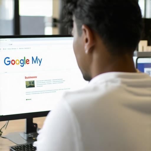 Business owner updating Google My Business listing on a laptop.