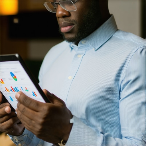 Business owner reviewing local SEO analytics on tablet with phone for call optimization.