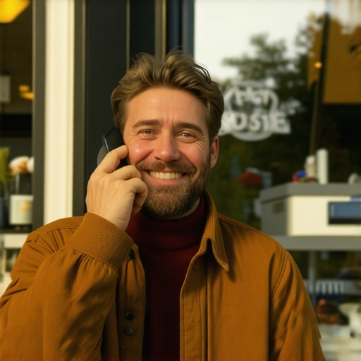 A busy local shop owner smiling, talking on the phone with a storefront behind.