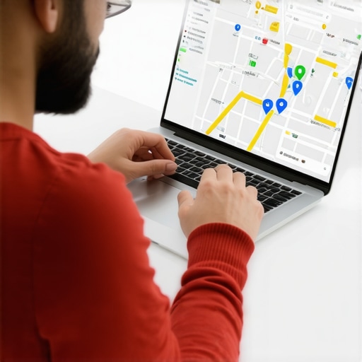 Business owner analyzing local SEO growth charts with online directories and maps.