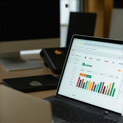 Desk with SEO dashboard and call tracking software on screen